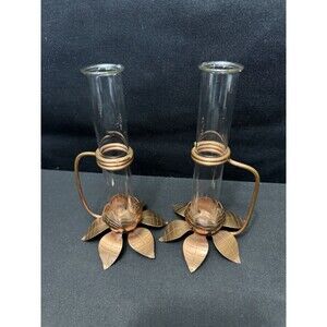 2 Vintage 1950s SCHAEFER'S Copper Bud Vase w/ Lotus Flower Base 3 1/2 x 6 1/2"